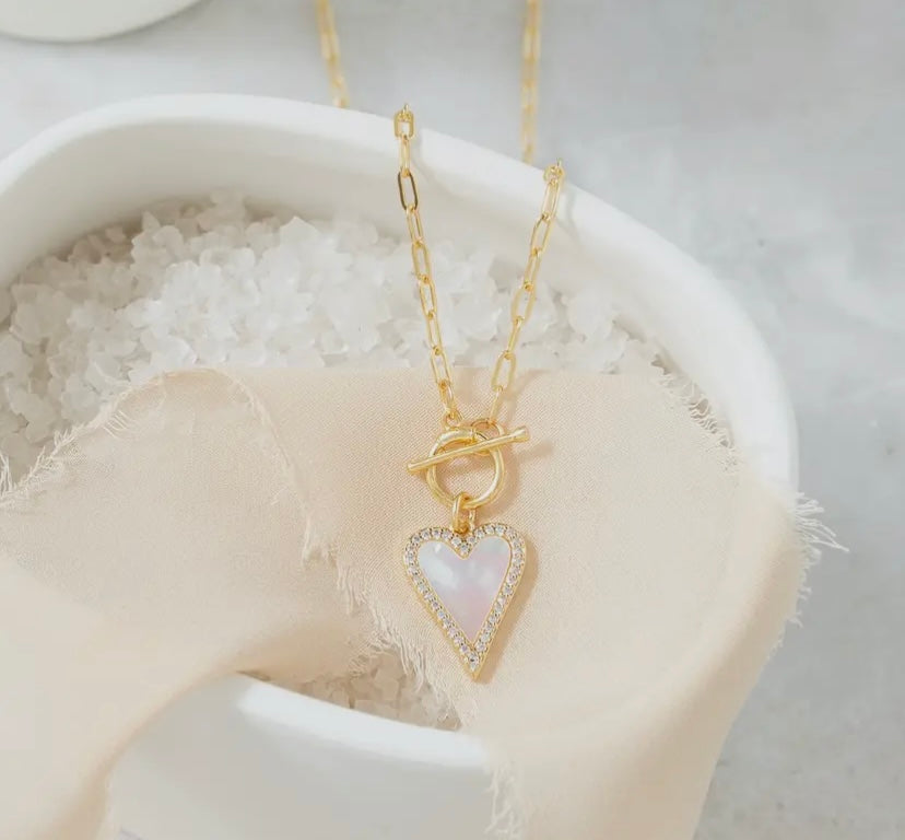 Mother of Pearl Pave Heart Pendant Necklace