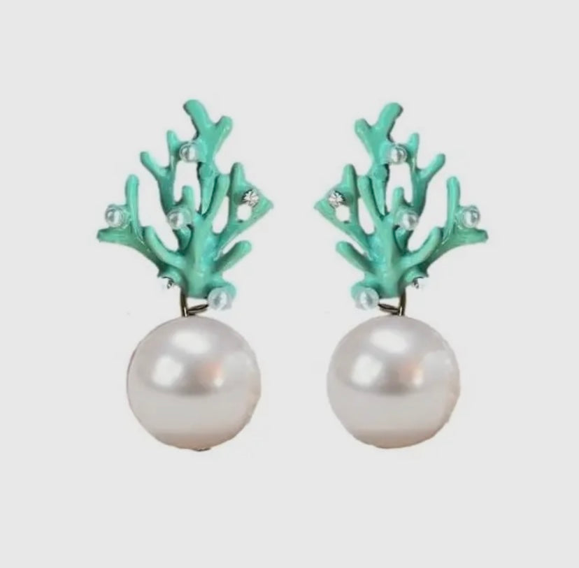 Turquoise Coral Pearl Drop Earrings